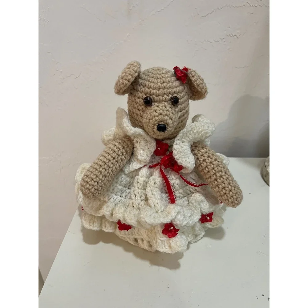 Handmade Crochet Teddy Bear‎ Plush Tan White Red Dress Small Excellent Amigurumi